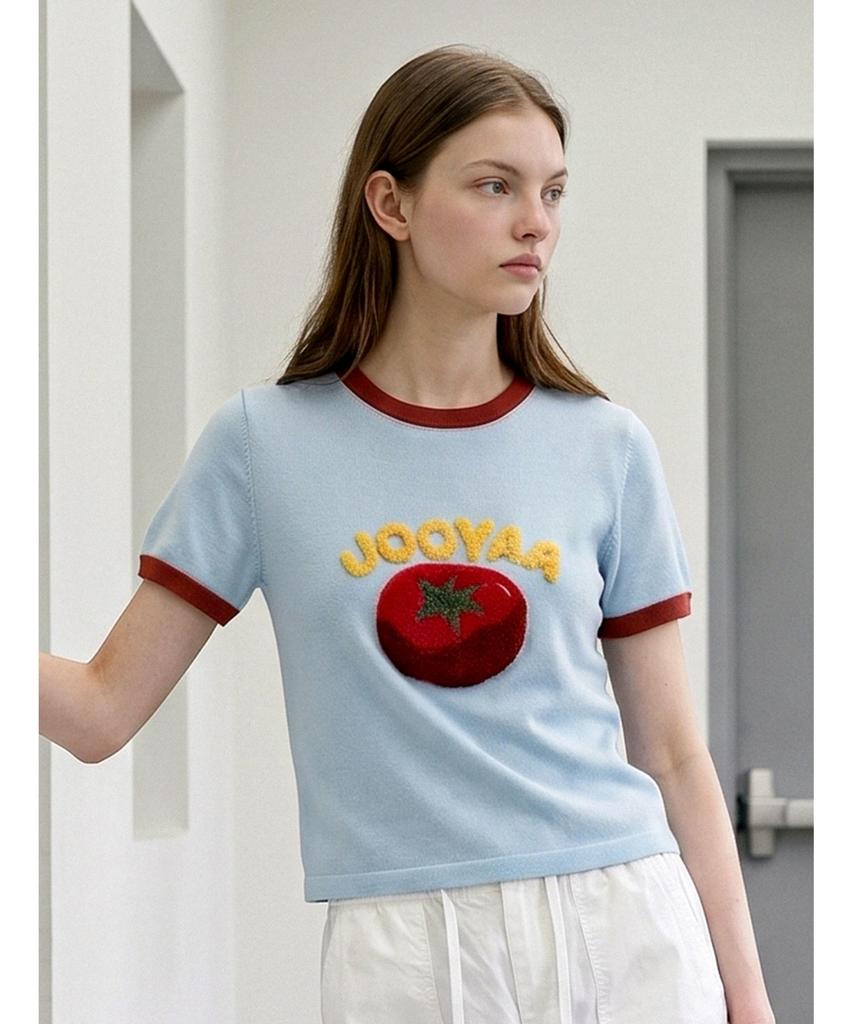 Poebeo21 Tomato Graphic Ringer Short Sleeve Knit (Ftdbnt039)