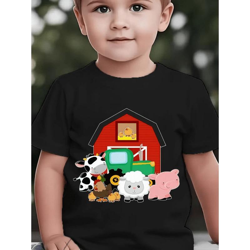 T-shirt décontracté à manches courtes pour garçon, imprimé animaux de la ferme et tracteur, col rond, toutes saisons