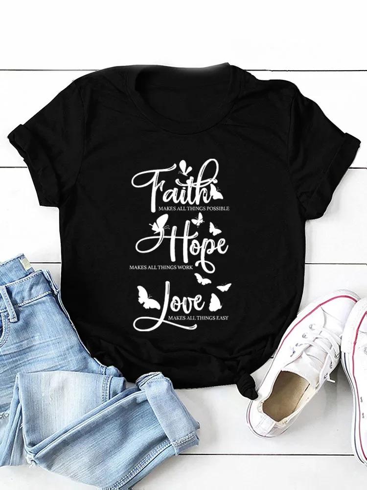 Glaube Hoffnung Liebe Schmetterlingsdruck Damen T-Shirt Kurzarm O-Ausschnitt Locker Damen T-Shirt Damen T-Shirt Oberteile Camisetas Mujer