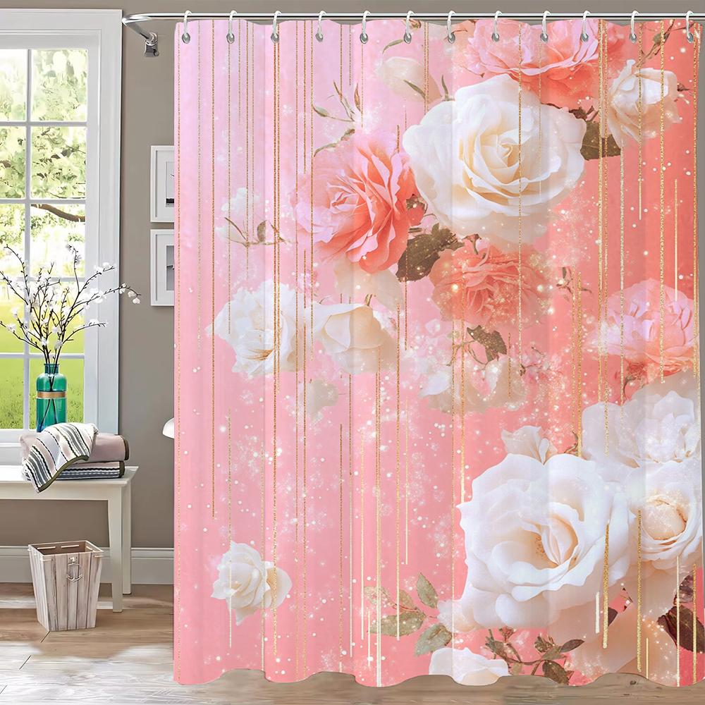 Kadınlar İçin Pembe Çiçekli Duş Perdesi Gelin Düğün, Pembe Çiçekler Romantik Kız Çocukları İçin Uygun Kancalı Askılı Perde