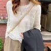 Women Hollow Out Knit Sweater Round Neck Long Sleeve Casual Loose Fit Lightweight Top