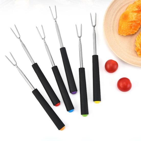 Yousheng 2Pcs Retractable BBQ Fork with V-Shaped Prongs Non-Slip Handle Stainless Steel Grilling Fork Portable Outdoor Cooking Tool for Camping Picnic