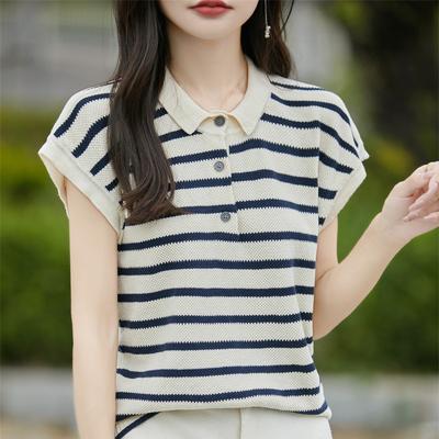 POLO Collar Pure Cotton Knitted Short-sleeved Women's Summer Fashion Versatile Striped T-shirt Sweat-absorbing Base Shirt Top