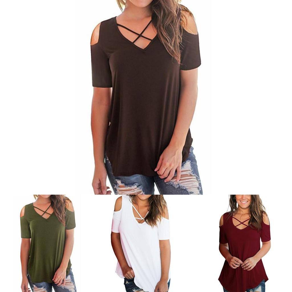 Elegant Women Cold Shoulder Loose Tops Criss Cross Short Sleeve T-shirt Blouse