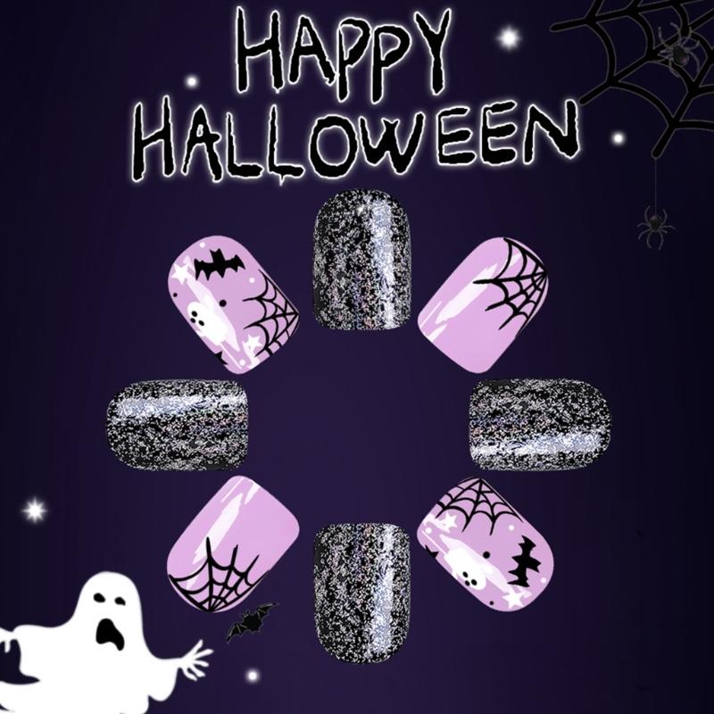 Halloween Nails 24PCS Cobweb Nails Art With Bat Wing False Nails For Costume Event