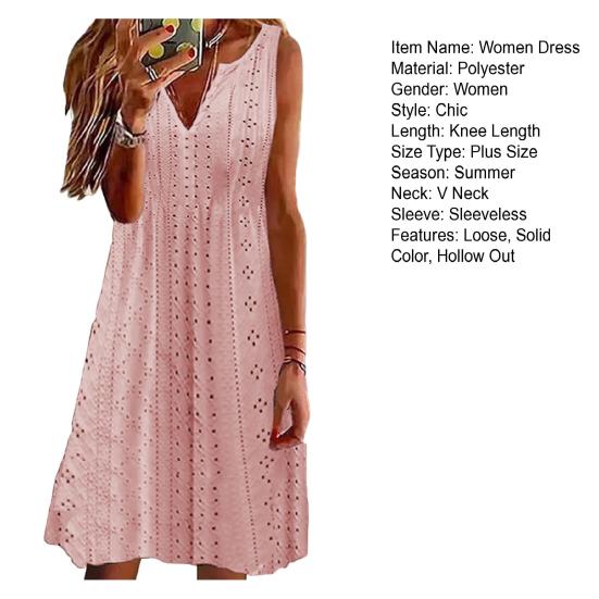 Summer Women Dress Hollow Out V Neck Sleeveless Vest Type Solid Color Loose A-line Big Hem Casual Soft Breathable Knee