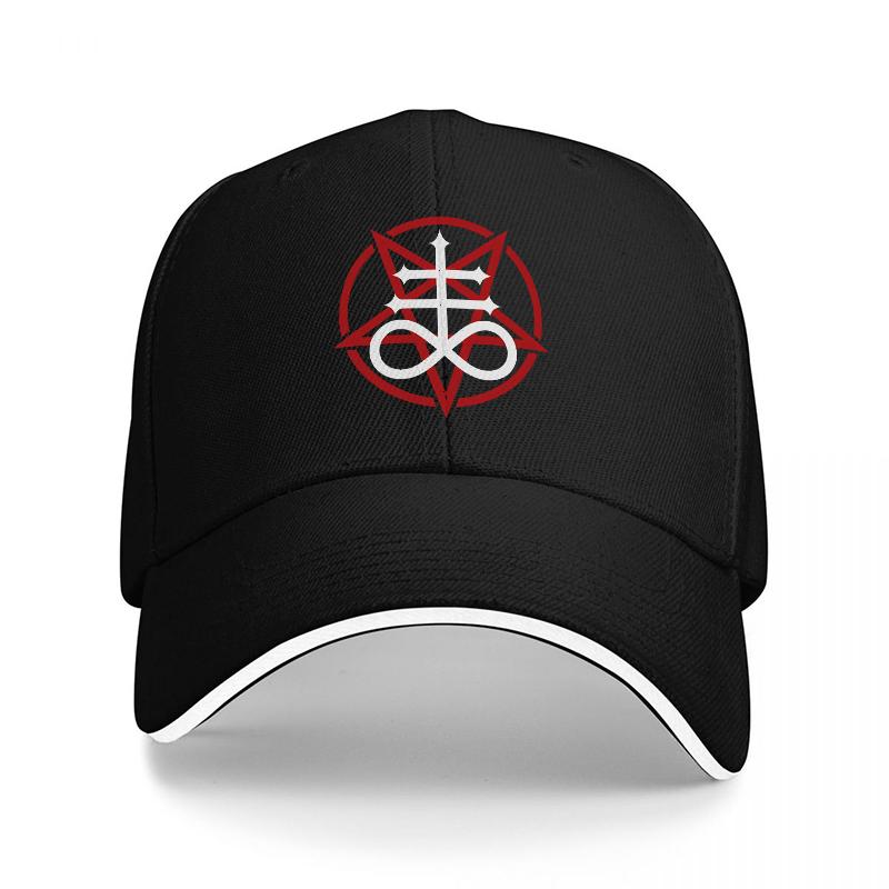 Schwarze Baseballkappe mit umgekehrtem Kreuz-Symbol und rot-weißer Stickerei für Okkultismus- und Alternative-Mode-Enthusiasten