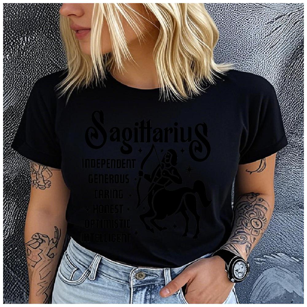 Unisex 100% Polyester Zodiac Sign Print Loose Round Neck Short Sleeve Fashion Summer Top for Astrology Lovers