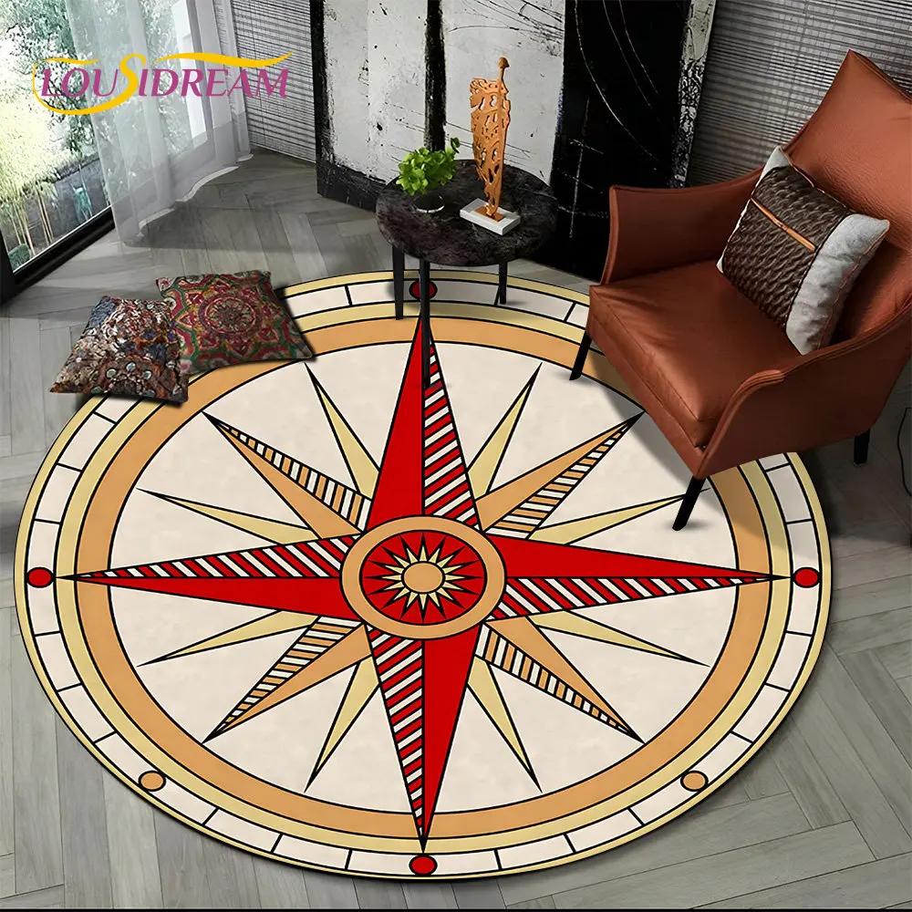 Tapis Rond Série Boussole Rétro 3D, Tapis Rond pour Salon Chambre Canapé Coussin de Pied Décor Tapis de Sol Antidérapant Cadeau