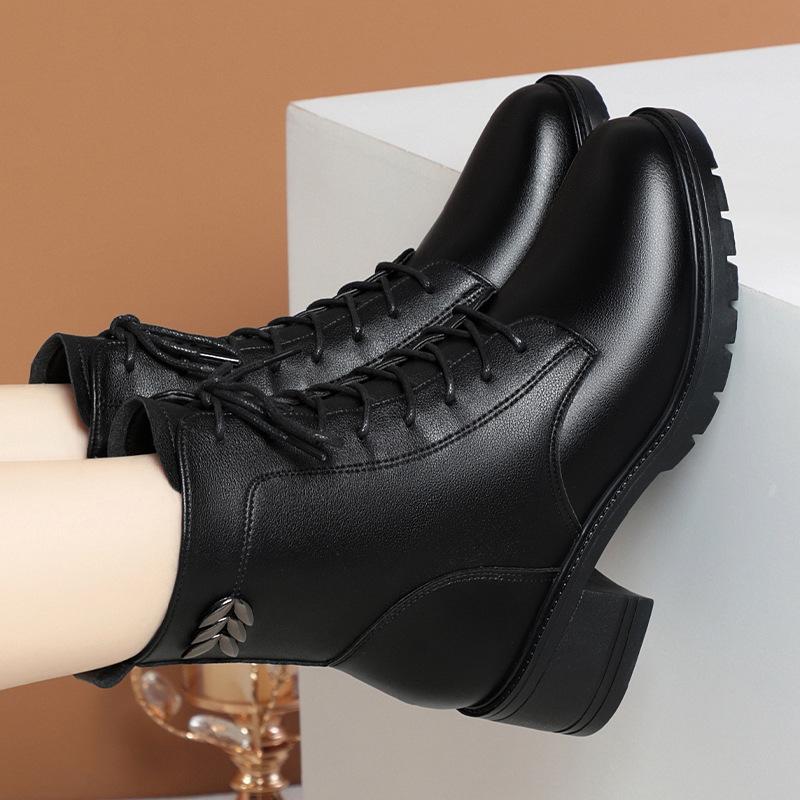 Leather Shoes Women's British Style Martin Boots Show Feet Small Thick Boots Soft Leather Soft Sole Winter Shoes Autumn and Winter Velvet Short Boots