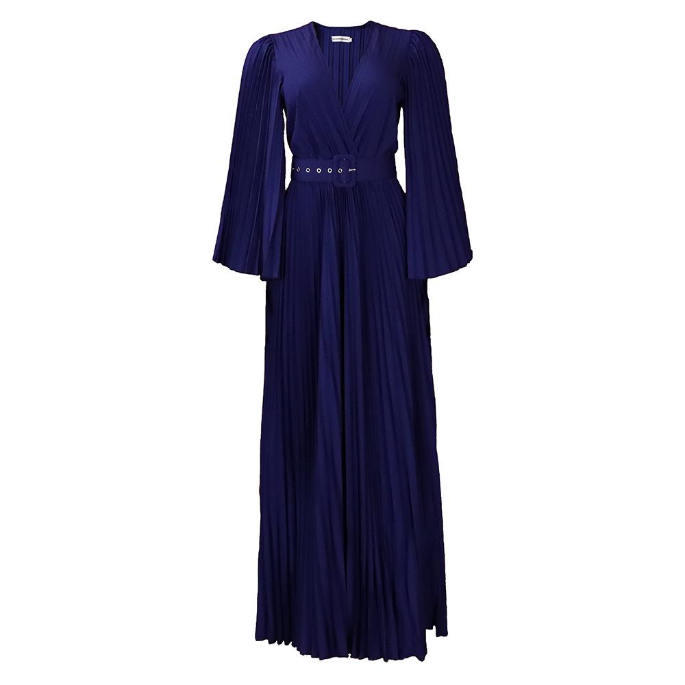 European and American Fashion Casual Women's V-neck Sexy Pleated Large Hem Formal Dress Long Dress