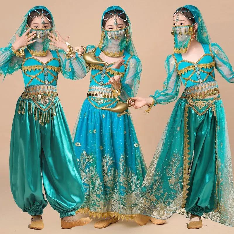 Fille Sari Princesse Danse du Ventre Ensemble de Costume Enfants Fête Indienne Performance Scénique Costume Fantaisie Halloween Danse Bollywood