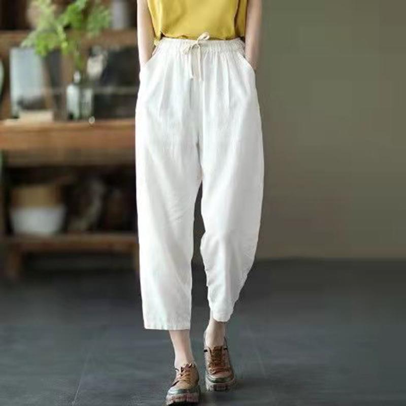 Solid Color Cotton and Linen Pants for Woman Vintage Loose Streetwear Harem Trousers Female Casual High Waist Drawstring Pants