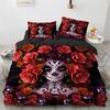 Sugar Skull King Queen Duvet Cover Day of The Dead Skeleton Bedding Set for Teen Adult Red Rose Lady Skull Polyester Quilt Cover