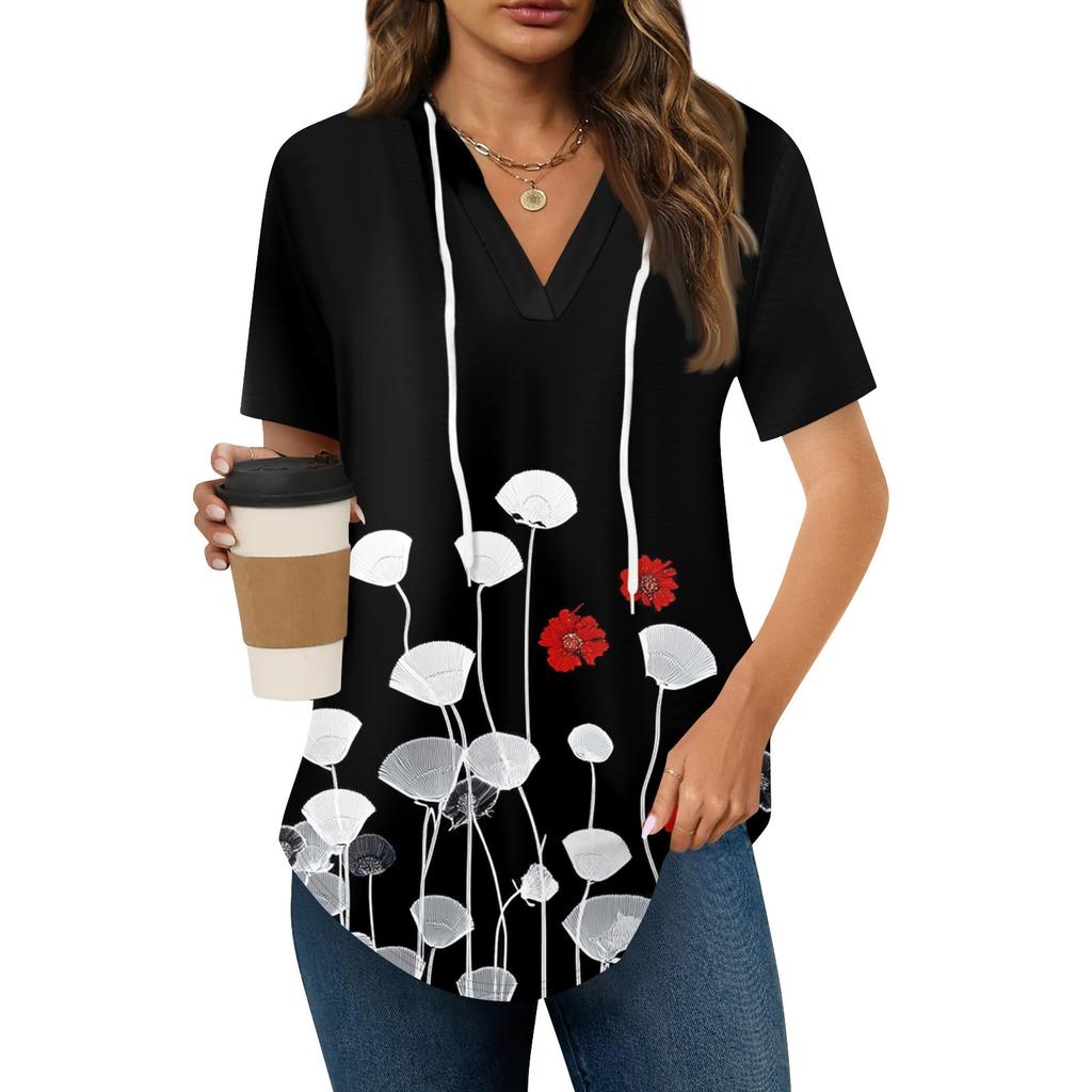 Women's Summer V Neck Tee Shirts Short Sleeve Hoodie Tunic Tops  Casual Loose Tunic Sweatshirts