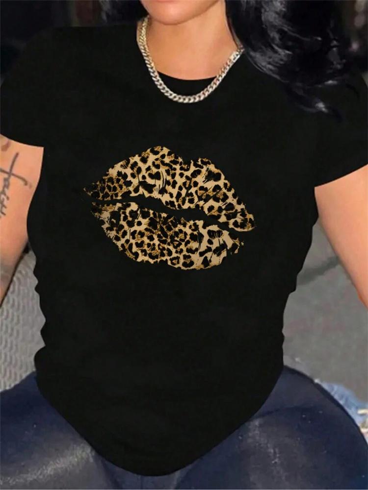 Mode Femme Impression Léopard Impression Lèvres Été Décontracté T-shirt à Manches Courtes Streetwear d'Été T-shirts Graphiques Personnalité Y2K Haut