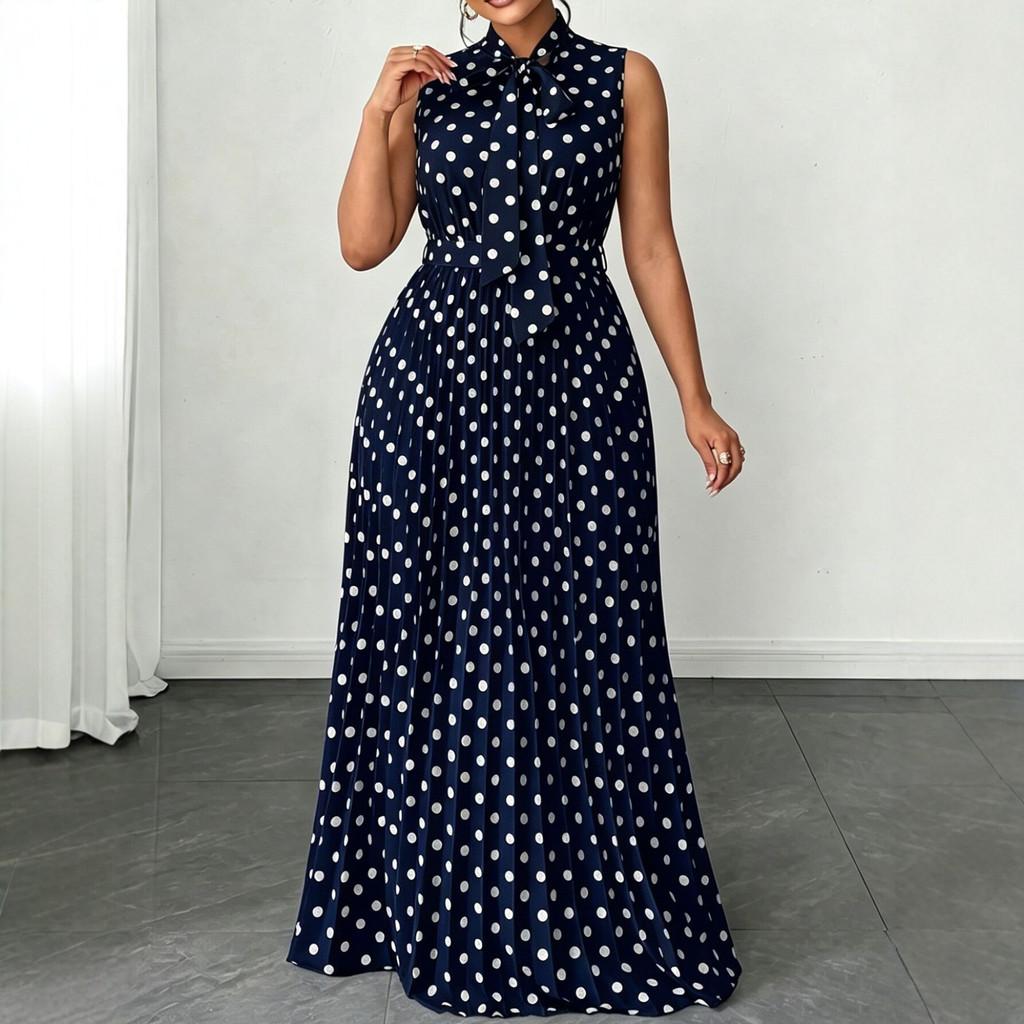 Elegant Polka Dot Sleeveless Tie Front Dress For Summer Travel And Casual Wear