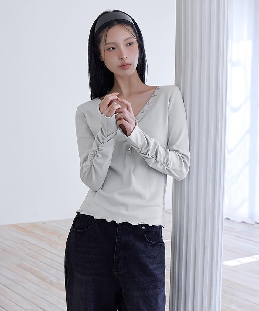 Londonda Button V-Neck Long Sleeve T-Shirts, 3Colors