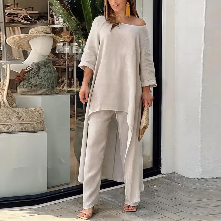 New Women's Cotton Linen Fashion Casual Plus Size Irregular Long Sleeve Set Wide Leg Pants Two Piece Outfit
