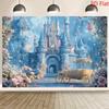 2D Blue Castle Backdrop, Fairy Tale Cinderella Castle with Pink Roses & Carriage Background for Party Decor