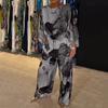 2 Pcs/Set Women Set Bright Three Quarter Color Floral Print Top Pants Bat Sleeves O Neck T-shirt