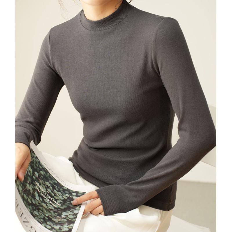 Ny Höst- och Vinter Ren Bomull Långärmad T-shirt för Kvinnor Koreansk Stil Slimmad Slimmad T-shirt Topp Enfärgad Mångsidig Bas Skjorta