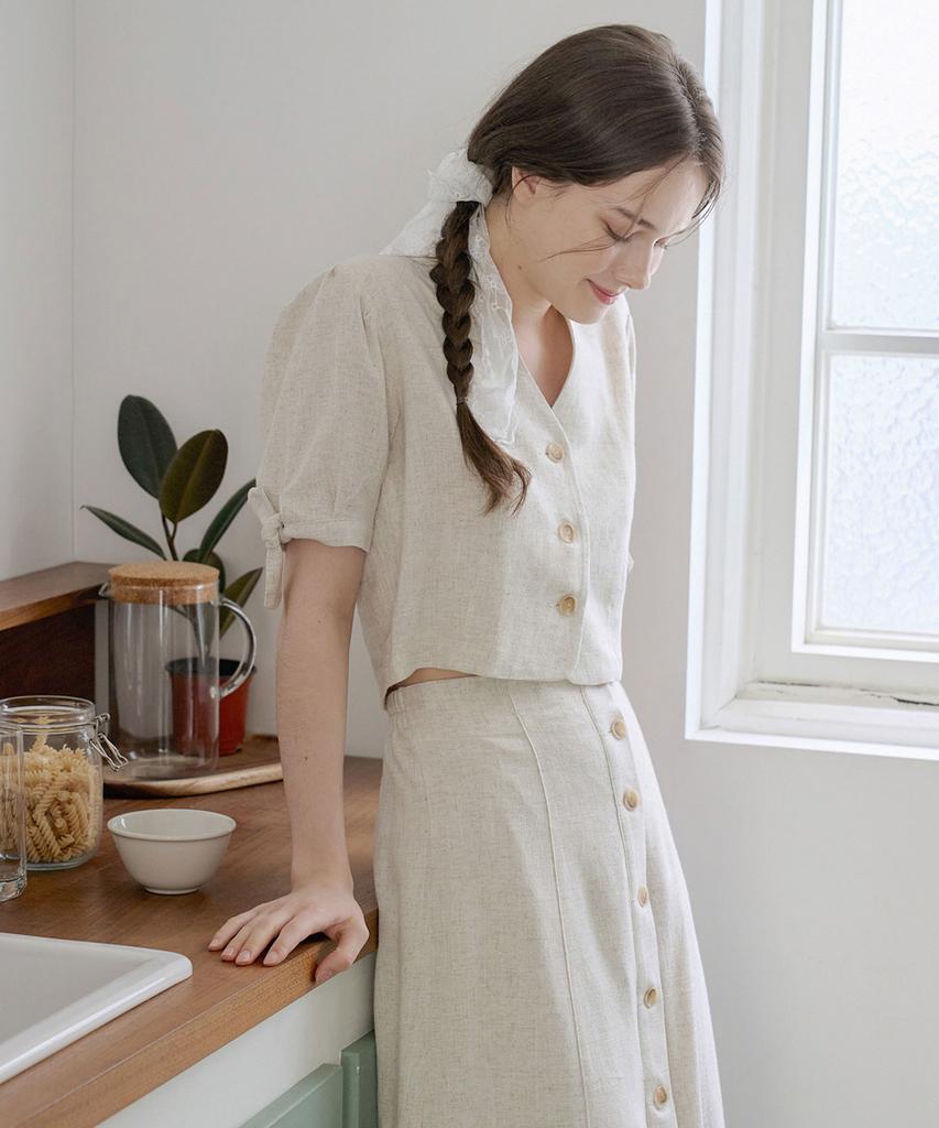 BIBYSEOB [Set] Ribbon Tie Shirt + Button Long Skirt Beige