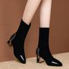 Fashion Slim Short Boots Woman Mid Calf Boot Elastic Fabric Rhinestone Square Heel Women's Winter Shoes Black Female Footware