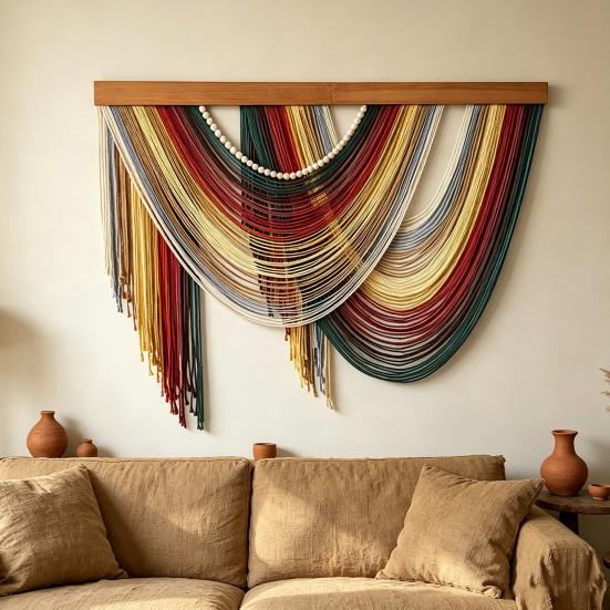 Wandbehang Boho Dekor Bohemian Wandteppich Handgefertigte Wandkunst mit Quaste Große Gewebte Baumwollseil Kulisse für Wohnzimmer Schlafzimmer Kinderzimmer