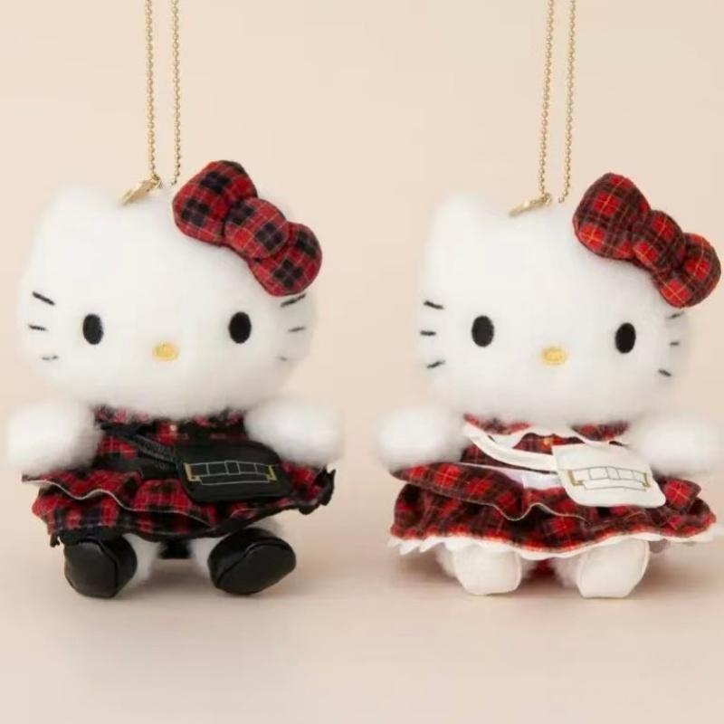Christmas Tartan Skirt Hello Kitty Plush Stuffed Key Chain Kawaii Cartoon Checkered Kitty Plush Doll Pendant Xmas Gift