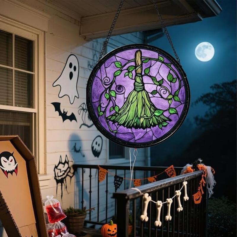 Stained Glass Halloween Pumpkin Suncatcher Cute Ghost Design For Halloween Party Window Hanging Decor