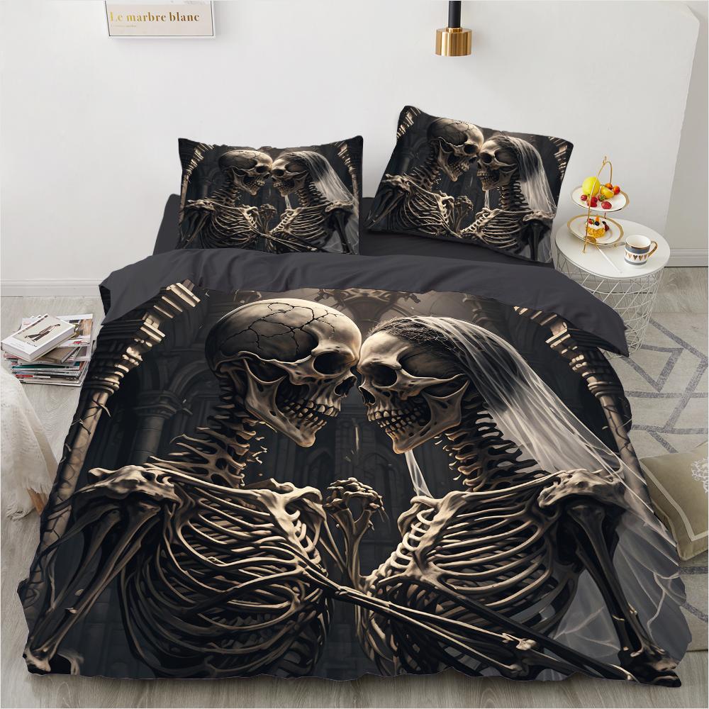 Skull Wedding Cartoon Comforter Sets Bedding Set Double Queen King Twin Full Size Duvet Cover Set Kids Girls White Bed Linen