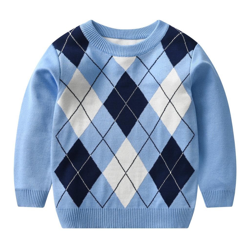 Autumn and Winter Boy Warm Sweater Plaid Lattice Long -sleeved Sweater College Style Boy Pattern Color Blocked Diamond Grid Sweate Knit Sweater