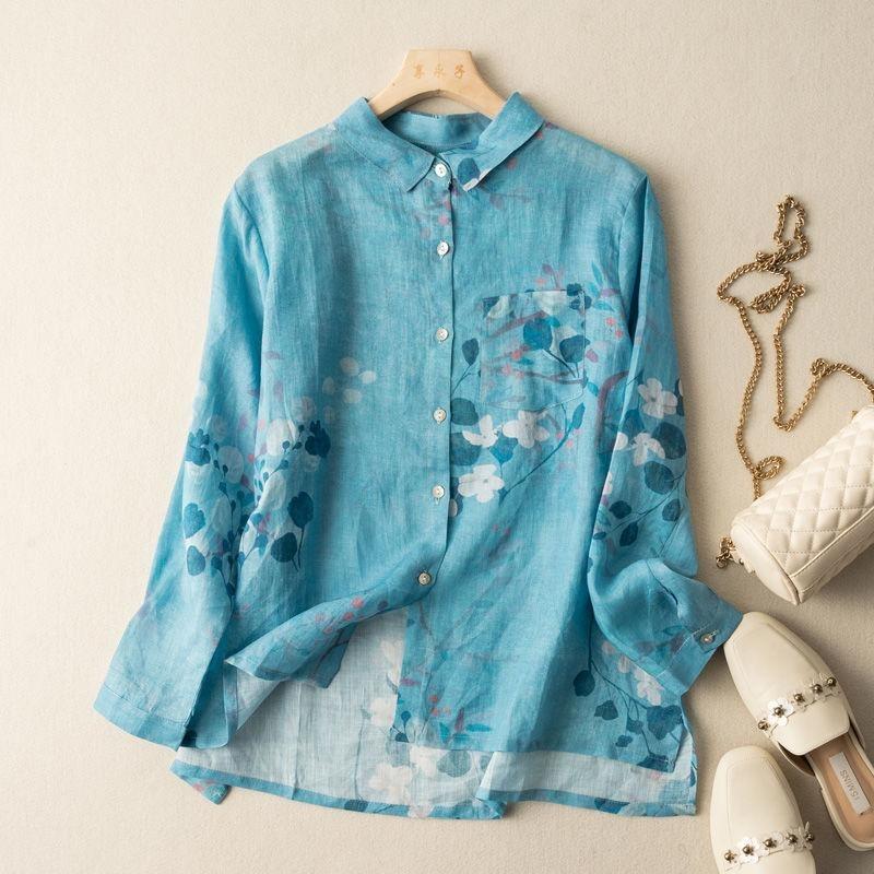 Modisches Oberteil im chinesischen Stil aus Baumwolle und Leinen, bedrucktes Hemd, Retro, lange Ärmel, floral, Temperament, vielseitige Strickjacke