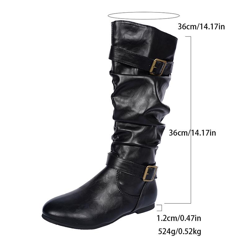 Pleated Design Flat Knee High Boots Women Retro Brown PU Leather Western Boots Woman Buckle Strap Decor Zipper Long Botas Mujer
