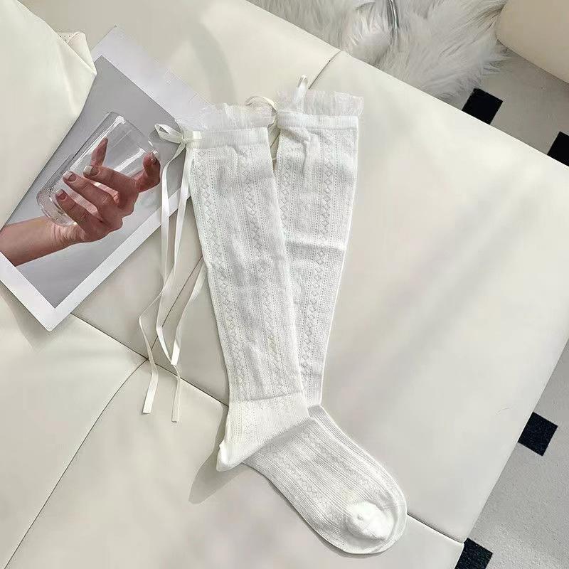 Slouch Socks Ballet Bow Mid Calf Lace Women Thin Hollow Out Summer Breathable Soft Socks for School Date and Fitness