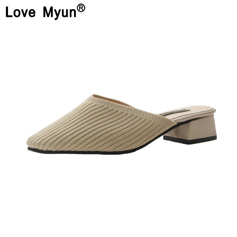 Fashion Fashion Summer Woven Knitted Mesh Air Women Female Pointed Toe Med Chunky Heels Slipper Mules Slides Casual Feminine Shoes 987