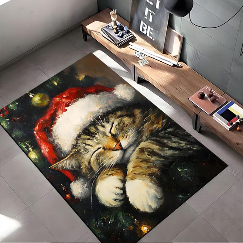 Christmas Cat in Santa Hat suitable as a non-slip mat for the living room or bedroom sofa