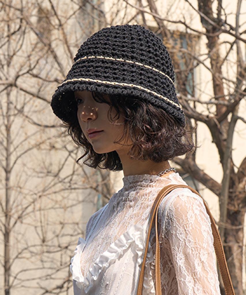 THE GREEN LAB Summer Crochet Knit Bucket Hat [Black]