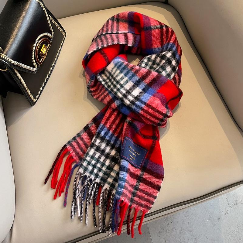 Classic 100 Wool Plaid Red Scarf for Men and Women, Warm Autumn and Winter Cashmere Scarf