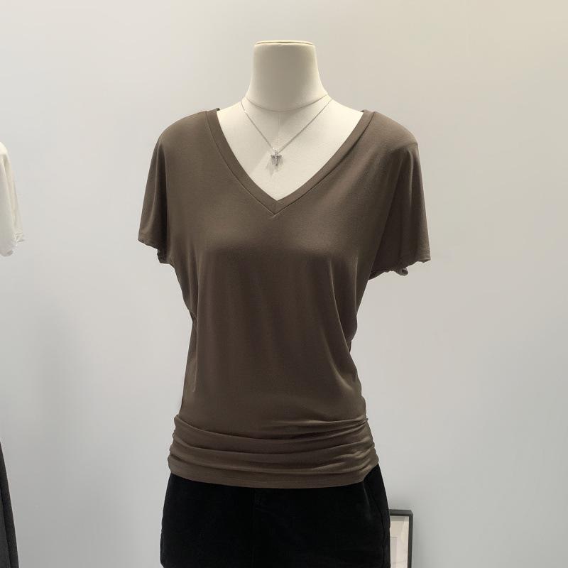 Retro V-Ausschnitt Kurzarm T-Shirt - Damen Frühling/Sommer Basic Schlankes Mittellanges Oberteil