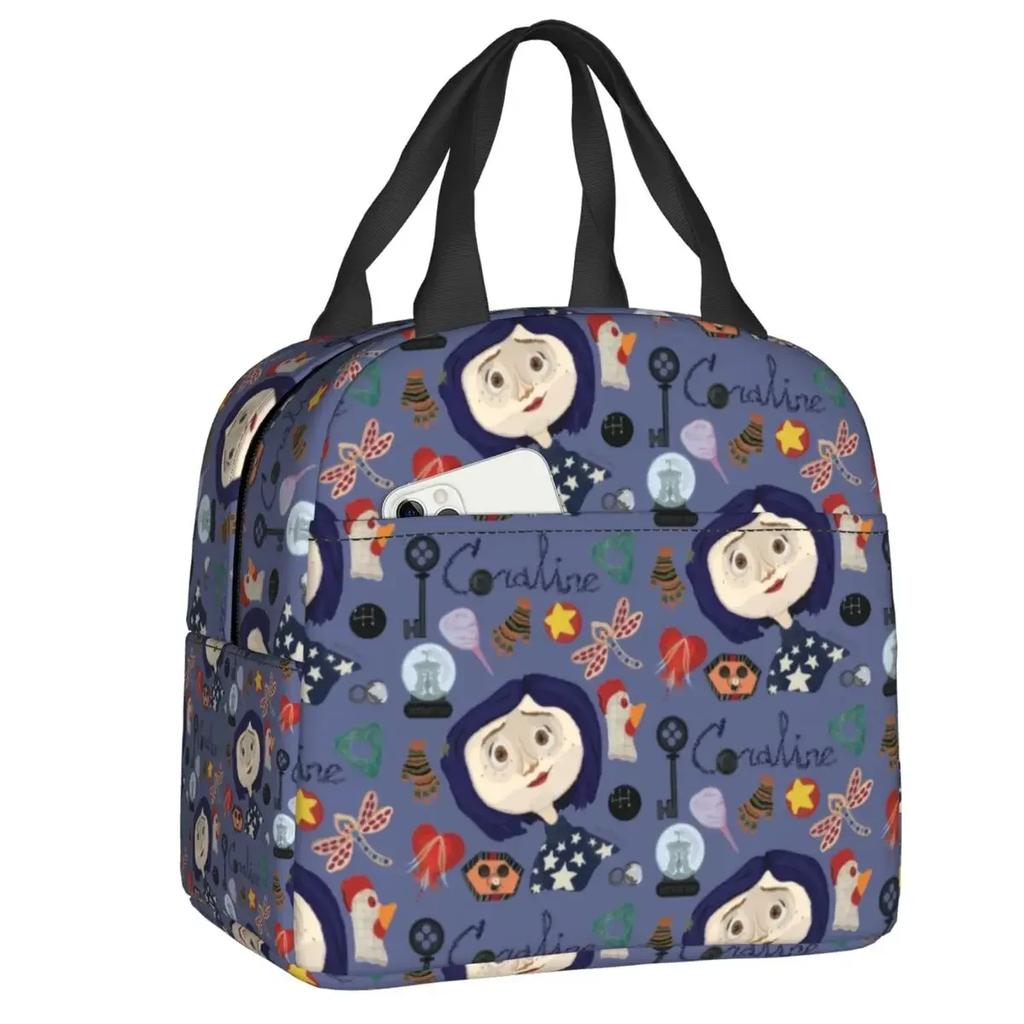 Halloween Horrorfilm Coraline Isolierte Lunchtasche für Frauen Tragbare Kühltasche Thermische Lebensmittel-Lunchbox Outdoor Camping Reise