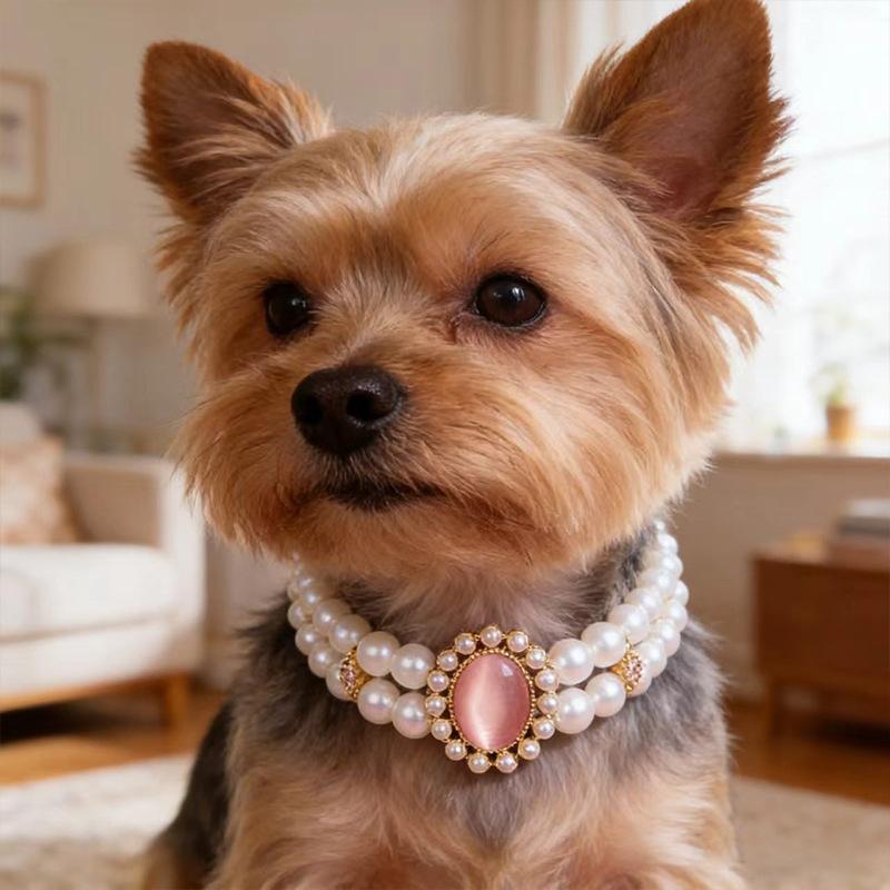 Double‑Layer Pearl Pet Necklace Rhinestone Gem Decor Collar For Cats Small Dogs Photo Accessory