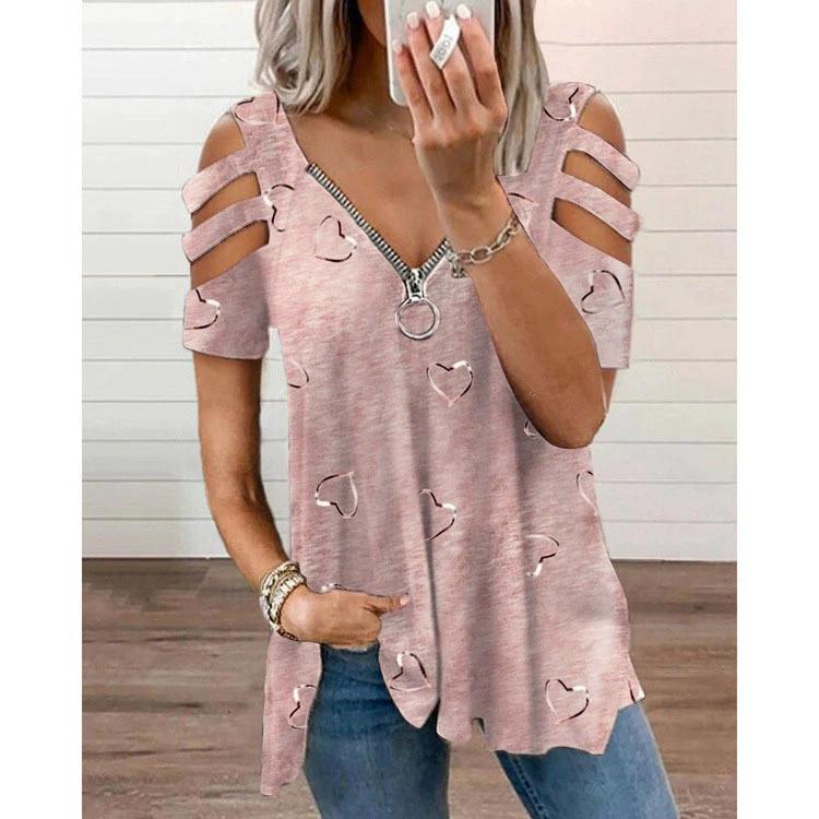 Summer Women's V-neck Zipper Hollow Short Sleeve Top Casual Women's T-shirt Plus Size Women's Short Sleeve