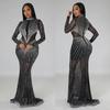 Fashion Women's Dress Solid Colour Mesh Drill Long Sleeve Long Dress