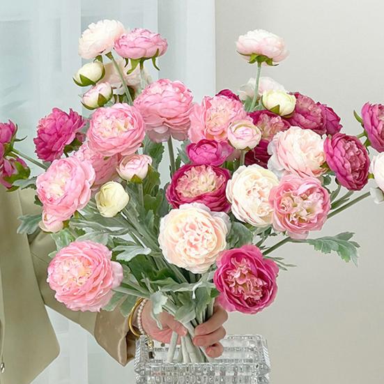 Artificial Ranunculus Asiaticus 2 Head Realistic Fake Silk Flower with Stem Home Office Wedding Party Faux Flower