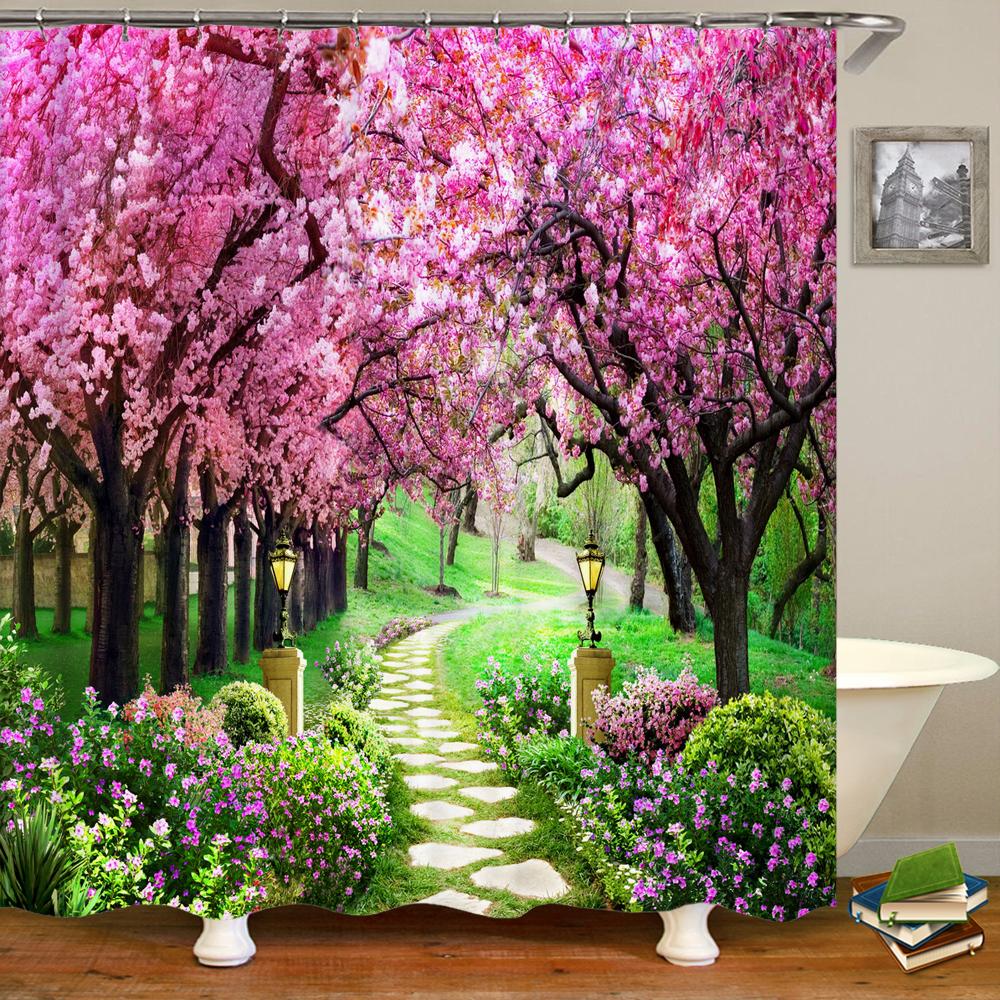 Bathroom Waterproof Shower Curtain Polyester 3D Mountain Garden Seaside Beautiful Flower Landscape Print Home Decoration Curtain