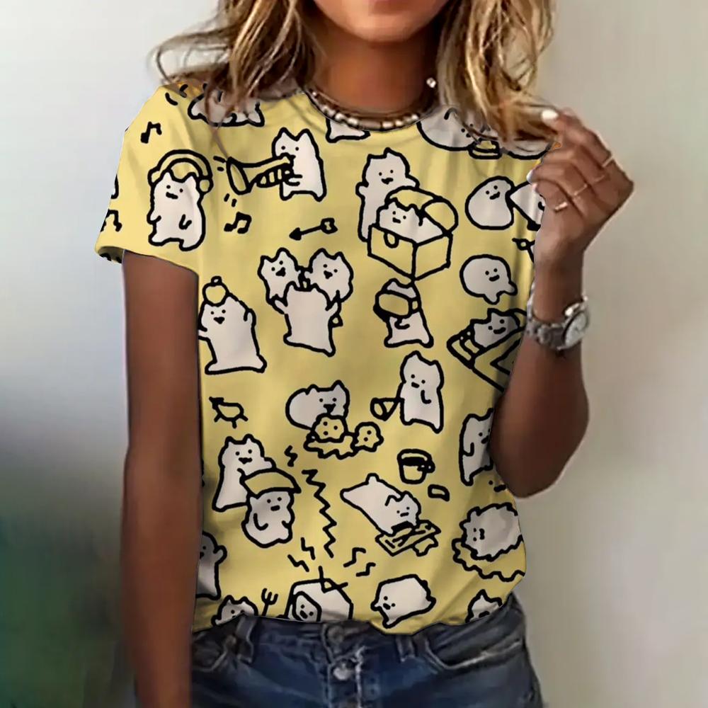 T-shirt pour femme imprimé chat 3D, vêtements d'été, col rond, mode, manches courtes, élégant, décontracté, ample, vêtements pour femmes