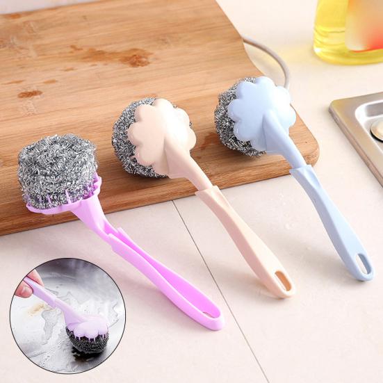 Long Handle Wire Ball Home Kitchen Steel Cleaning Pot Dish Brush Washing KTY