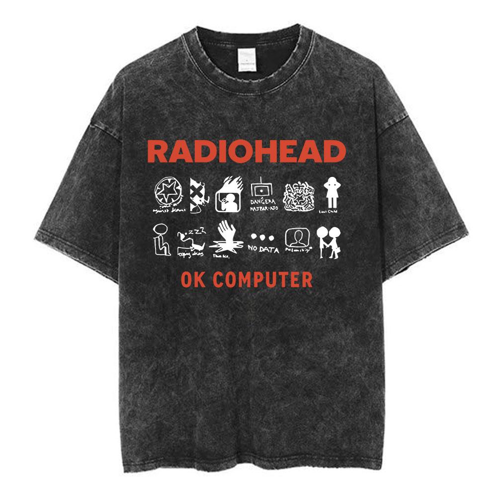 Radiohead Rock Band OK Computer Vintage Washed Tshirt Men Women Fashion Hip Hop T Shirts Cotton Casual Tshirts Streetwear